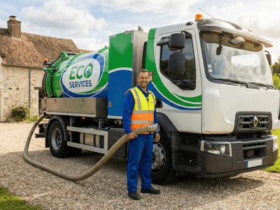 Technicien EcoServices+ devant un camion d'intervention pour débouchage et assainissement en Île-de-France